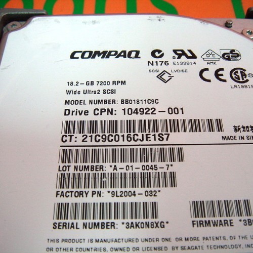 Compaq hard drive bb01811c9c / 104922-001 / 9l2004-032 18.2gb / 7200rpm / 80pin