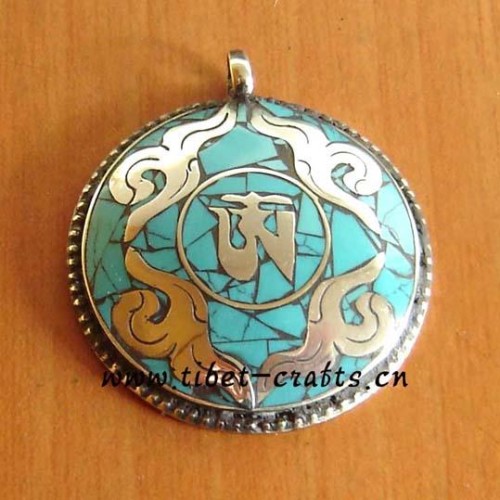 Tibetan silver turquoise om mani padme hum amulet