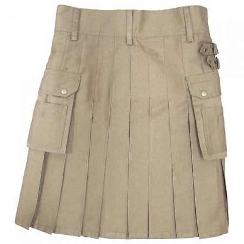 Khaki utility kilt antique brass buttons