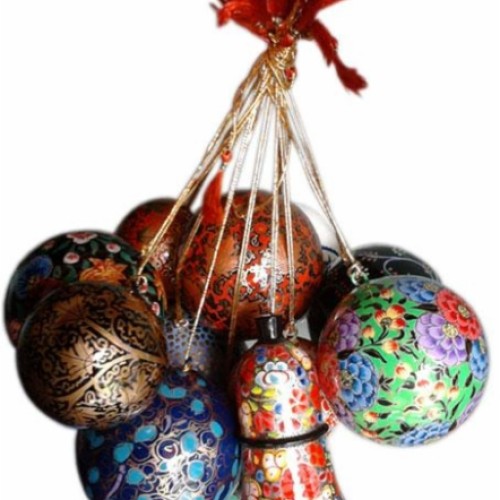 Papier mache hanging decorative christmas balls and bells