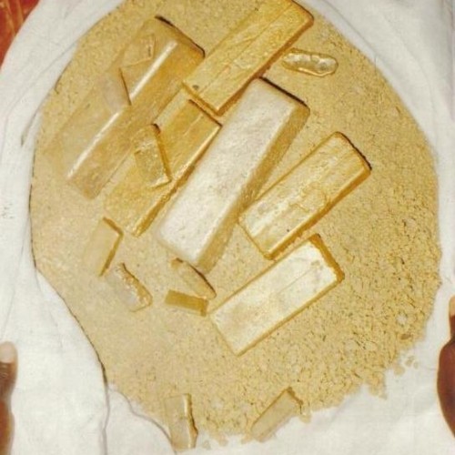 Gold bar, gold dust, gold coin.