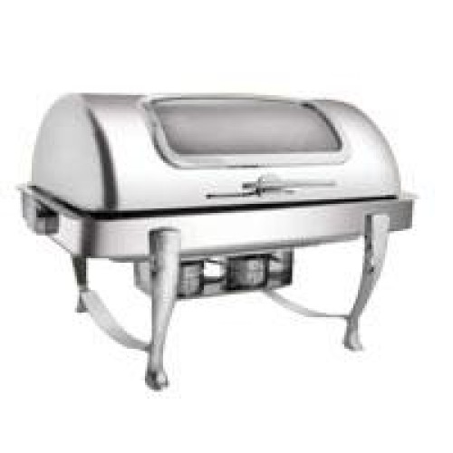 Rectangular roll top chafing dish with show window & chrome legs